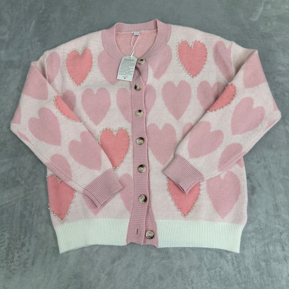 Pink Heart Intarsia Pearl Embellished Button Front Cardigan Sweater Y2K XL NEW